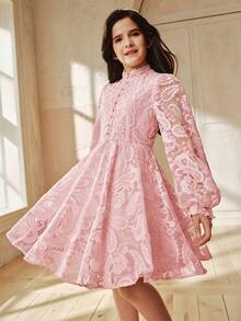 Anewsta Robe élégante à ligne A en dentelle 3D pour filles, convient pour les banquets, les anniversaires et autres occasions pour enfants, printemps/été - Rose bonbon - Voir 1