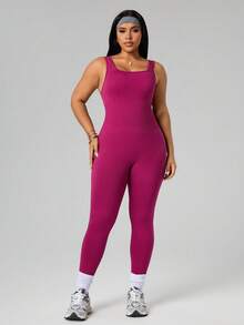 Rhythm Era 1pc Women's Plus Size Magenta Summer Seamless U-Neck Backless Vertical Ribbed Jumpsuit For Athletic Pilates Yoga Fitness Workout Running Gym - Red Violet - View 5