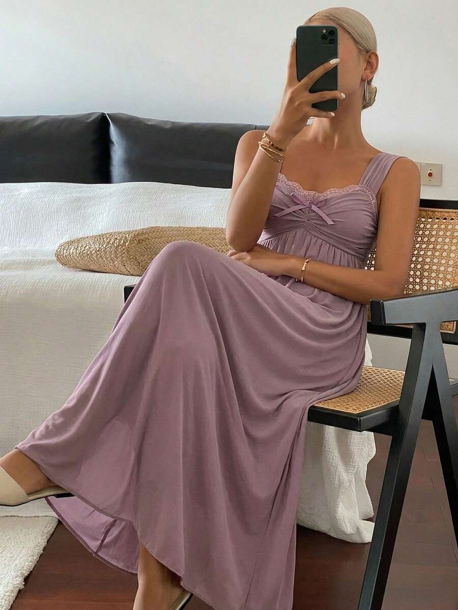 Women's Romantic Mesh Lace Splicing Ruched Design Slip Nightgown Pajama - Purple - View 1