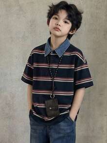 DAZY 男童休闲时尚日常通勤度假学校风撞色条纹印花拼接牛仔Polo领宽松T恤，夏季 - 藏蓝色 - 查看 6