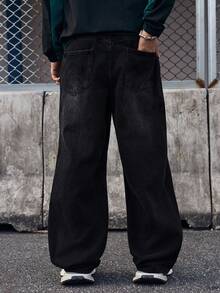 EVRINFINITE 男士休闲多口袋简约设计宽松牛仔裤 - 黑色 - 查看 2