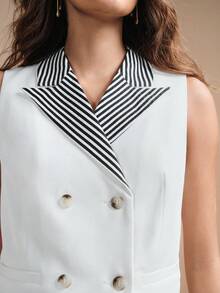 Arave 女士梭织V领无袖修身休闲通勤都市西装外套，白色上衣 - 黑與白 - 查看 3