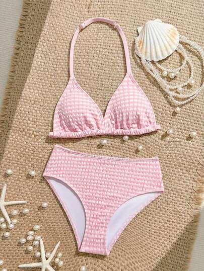 SHEIN Tween Girls Bikini Sets, Girls' Swimwear Set, Vacation, Casual, Elegant Style, Pink Swimwear, Pink And White Checkered Fabric, Halter Neck Sleeveless Swimwear, Bottoms In The Same Fabric, Two Pieces Swimwear Set, Halter Neck Top And Briefs, Fashionable, Casual, Exquisite, Gorgeous, Ladylike, Suitable For Swimming, Summer Vacation, Summer Beach, Seaside, Swimming Pool, Summer Party, Leisure Vacation