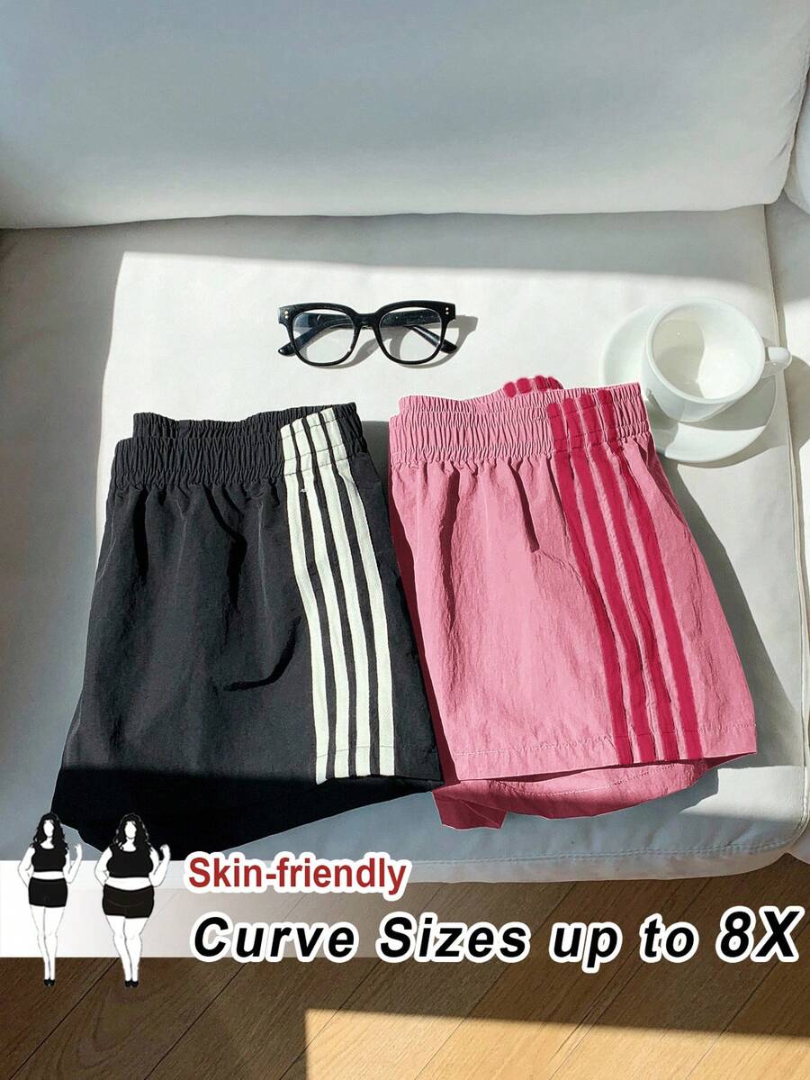 SHEIN CURVE+ 2条装加大码女式侧条纹弹力腰宽松休闲运动短裤，百搭夏季日常街头风短裤 - 彩色 - 查看 1