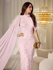 Modelyn Spring & Summer Elegant 3D Embroidered Floral Patchwork Chiffon Cinched Waist Dress - Pink - View 4