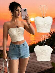 Lyxana Beaded Decor Strapless Tie Front Ruched Crop Top For Women, Beach Vacation Style - Apricot - View 2