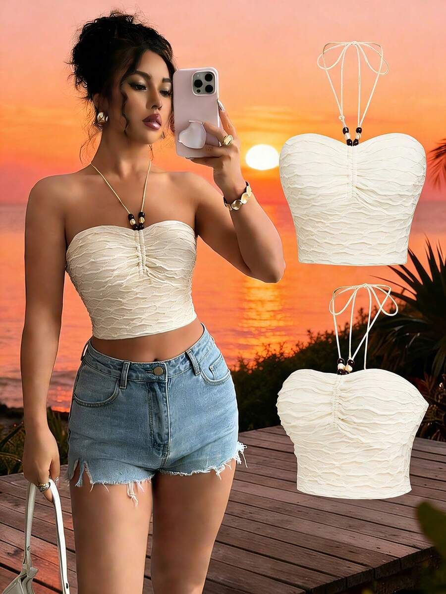 Lyxana Beaded Decor Strapless Tie Front Ruched Crop Top For Women, Beach Vacation Style