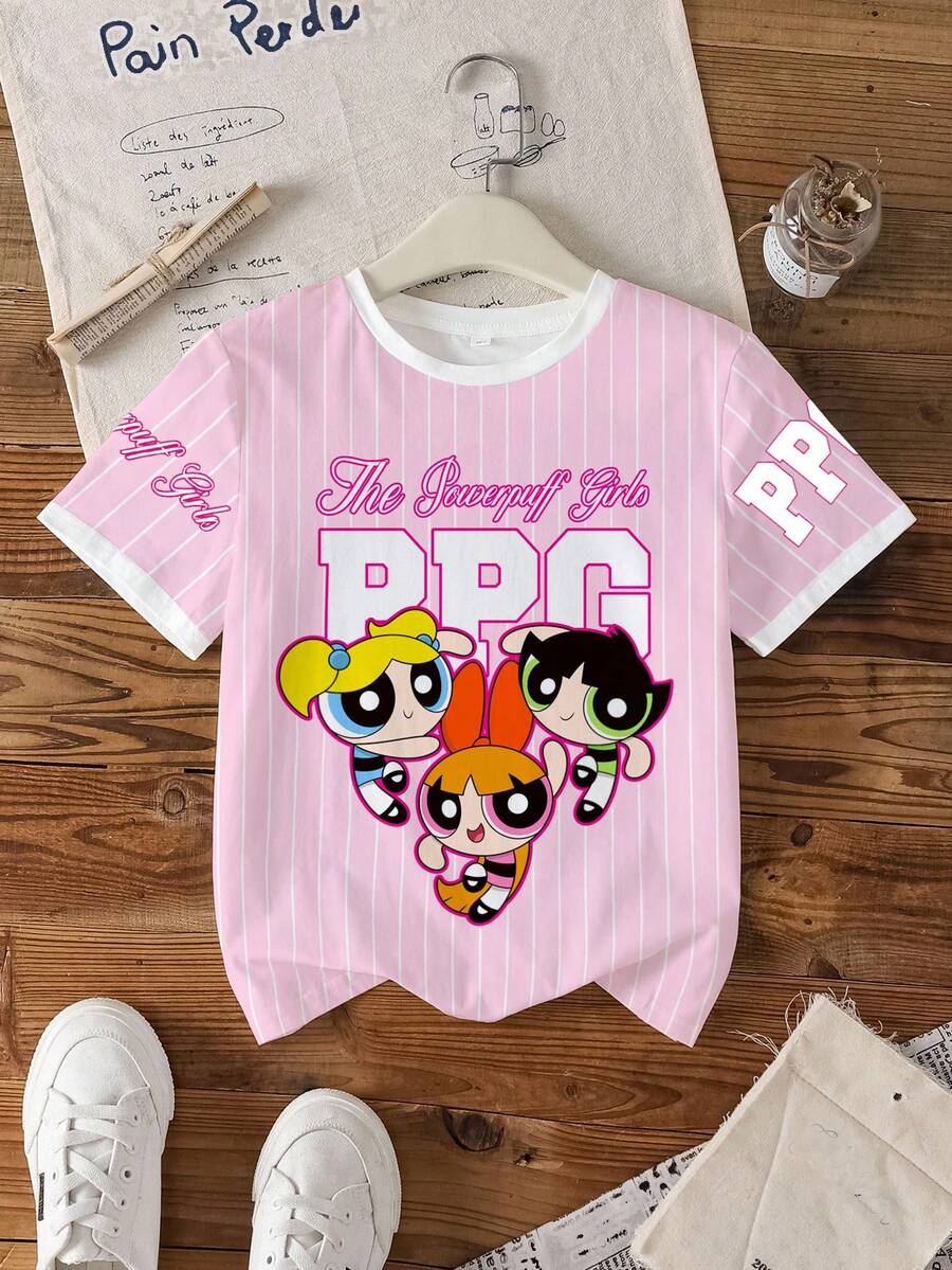 THE POWERPUFF GIRLS X SHEIN 少女圆领条纹字母卡通印花休闲百搭日常短袖T恤 - 白色 - 查看 1