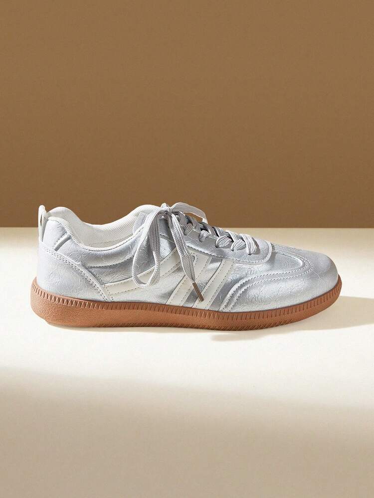 CUCCOO EASI Breathable Retro Moral Training Shoes For Women, Silver And White Stripes, Non-Slip Raw Rubber Outsole, Light Soft Sole, Daily Shopping Commuter Shoes