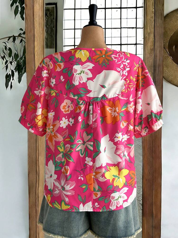Plus Size Women Floral Print Short Petal Sleeve Casual Shirt