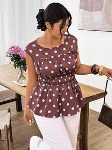 Lounesse Plus Size Women's Polka Dot Pattern Ruffle Trim Round Neck Blouse, Suitable For Summer Dates And Travel Wedding Guest Blouse For Women Graduation Blouse Elegant Blouse For Women Brown Blouse Women Polka Dot Blouse Women Brown Polka Dot Top Blouse For Women Casual Elegant Blouses For Women Casual - Brown - View 4