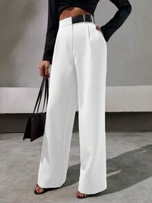 EURMUSE 优雅风格，半仿皮革腰带细节直筒裤 - 白色 - 查看 5