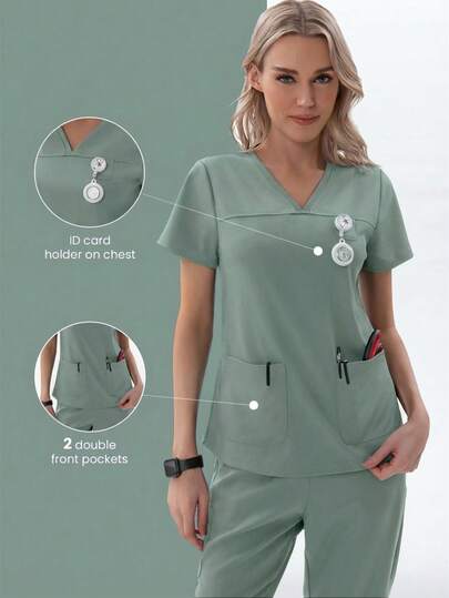 TaskEZ Áo thun nữ y tá cổ chữ V tay ngắn có 2 túi