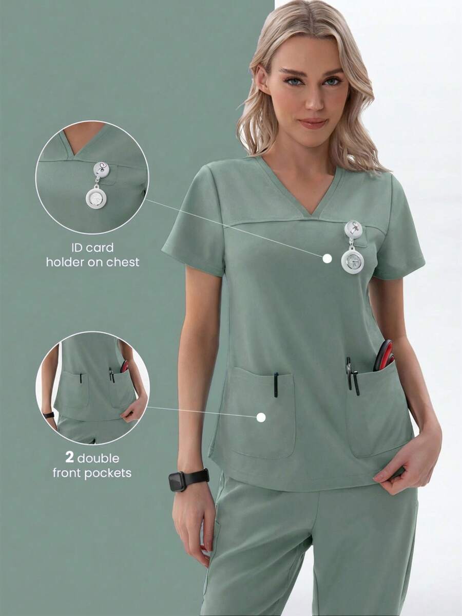 TaskEZ Women's Nurse Uniform V-Neck Short Sleeve T-Shirt With 2 Pockets - Blue - View 1