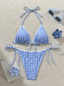 SHEIN Swim Mod 女士新款格子随机印花露背荷叶边上衣和侧边打结长裤两件套沙滩装，清新休闲，适合春夏度假和泳装 - 藍色 - 查看 3