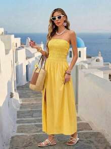 Vivid Eden 女士纯色开衩褶皱休闲派对长裙，夏季服装，春季女装，春季连衣裙，女士海滩度假装，外出装，生日礼服，假日装，黄色连衣裙，女士休闲连衣裙，优雅派对连衣裙，夏季长款连衣裙，女士夏季服装，女士夏季连衣裙，女士夏季度假服装，女士夏季服装，黄色连衣裙，女士黄色长裙，女士海滩黄色服装，无肩带长款连衣裙 - 鵝黃色 - 查看 6