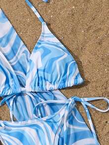 SHEIN Swim 4 件套女士海滩波浪印花泳装套装，包括比基尼上衣、泳裤、防晒衣上衣、泳裙 - 藍色 - 查看 4