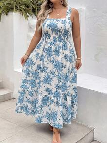 SHEIN CURVE+ Đầm không tay in hoa cỡ lớn, kiểu dáng thường ngày. - Màu xanh lam - Xem 5