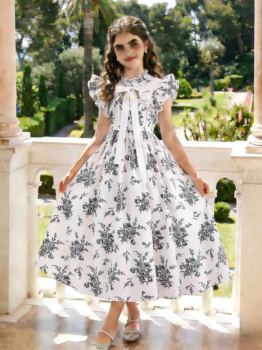 少女优雅碎花印花二合一荷叶袖蝴蝶结装饰长裙，适合度假、派对和聚会 - 黑色 - 查看 1