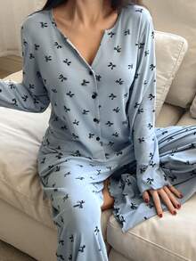 DAZY 2pcs Women Knitted Allover Bow Print Pajama Set, Fall & Winter Clothes - Blue - View 4