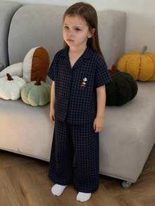 Dazy Kids Tween GirlsShort Sleeve, Checkered Print & Embroidery Pattern, Home/Loungewear Sets, Spring/Summer - Navy Blue - View 2