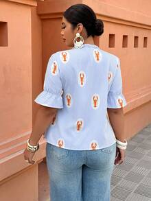 Breezaya Plus Size Women's Spring/Summer Striped Lobster Print Ruffle Collar Casual Vacation Shirt - Multicolor - View 2