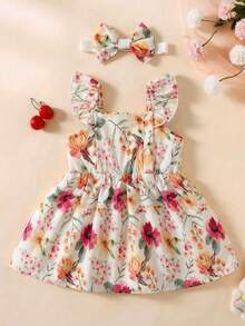 SHEIN 2pcs Baby/Toddler Girls' Summer Sleeveless Watercolor Floral Print Dress And Headband Set Birthday Purple Floral Cute - Multicolor - View 6