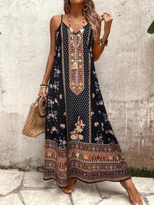 Breezaya New Summer Dress: Daily Dress, Vacation Dress, Ditsy Floral Paisley & Cashew Flower Pattern. This Vacation-Style Fashion Item Features Loose A-Line Silhouette, V-Neck, Spaghetti Strap Dress, Long Summer Dress, Bohemian Dress, Nomadic Dress, Summer Dress, Music Festival Dress - Multicolor - View 3