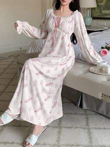 DAZY Romantic French Polka Dot & Floral Allover Print Ruffle Trim Open Front Waist Cinched Women Nightgown Pajama - Pink - View 3