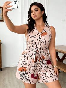 Elenzga Plus Size Women Allover Print Knotted Casual Everyday Romper - Multicolor - View 3