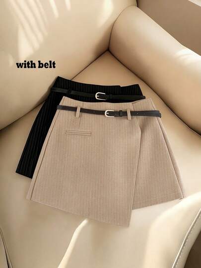 Franclia Women's New Fashion Casual Commuter Versatile Khaki Striped Belt Skirt, Skirt, Spring/Summer Versatile Casual Skirt, Urban Teacher Work Outfit, Women's Casual Versatile A-Line Skirt, Summer Skirt, Spring Skirt