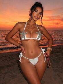 Swim SXY 女式两件套泳衣套装，带微三角形上衣和白色海星点缀系带下装，性感沙滩比基尼套装 - 白色 - 查看 3