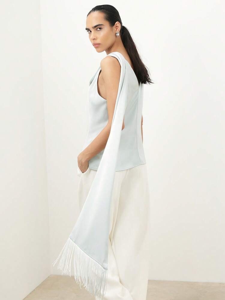 KSTM Women Sleeveless Asymmetrical Mock Neck Blouse With Scarf Detail Side Cutout Tank Top Casual Contemporary