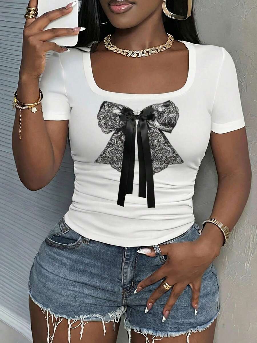 SHEIN Slayr New Sexy Everyday Date Cute Style Round Neck Short Sleeve Slim Fit Lace Bow Print White T-Shirt - White - View 1