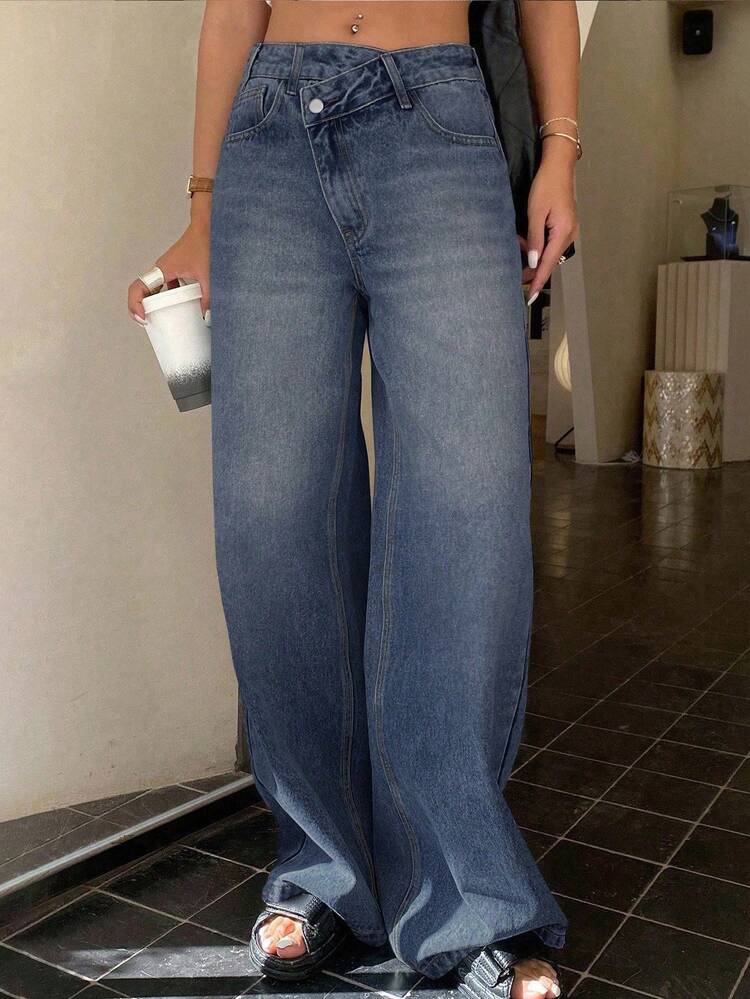 Women's Tall Oblique Placket Loose Straight Leg Casual Jeans Pants