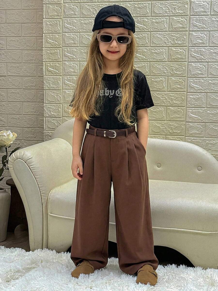 DAZY Tween Girls Solid Color Woven Wide Leg Pants, Fall - Brown - View 1