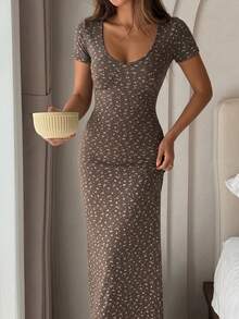 DAZY V-Neck Ditsy Floral Fitted Nightgown, Women Sleepwear Dress - Coffee Brown - View 2