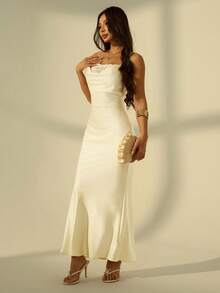 SHEIN PETITE 纯黄色缎面蕾丝吊带鱼尾连衣裙，纯黄色连衣裙，婚礼宾客礼服，约会礼服，日常连衣裙，优雅连衣裙 - 黃色 - 查看 6