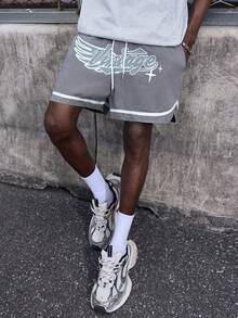 EVRINFINITE 宽松男士字母印花短裤，撞色饰边，腰部有抽绳 - 灰色 - 查看 9