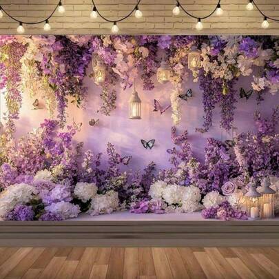 1pc, Purple Floral Themed Background Fabric With Lanterns, Butterflies, And Flowers - Beautiful Photography Background Suitable For Beauty, Parties, And Celebrations - Professional Material, No Power Required, Perfect For Indoor And Outdoor Activities, Party Background | Elegant Decoration | Durable Fabric, Floral Decoration