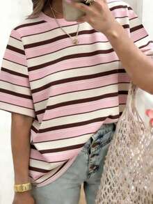 EMERY ROSE 女士休闲条纹短袖T恤，宽松圆领设计，可机洗，适合所有季节，舒适可爱，复古风格。 - 彩色 - 查看 3
