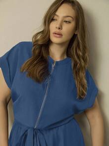 EMERY ROSE Plus-Size Women's Summer Dark Blue Jumpsuits Casual Vacation Holiday Fashion Outfit Sets Santorini Rompers Coords,Short Sleeve Zip Front Wide Leg - Blue - View 4