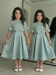Tween Girl Contrast Lace Faux Pearl Decor Fashion Dress - Green - View 1