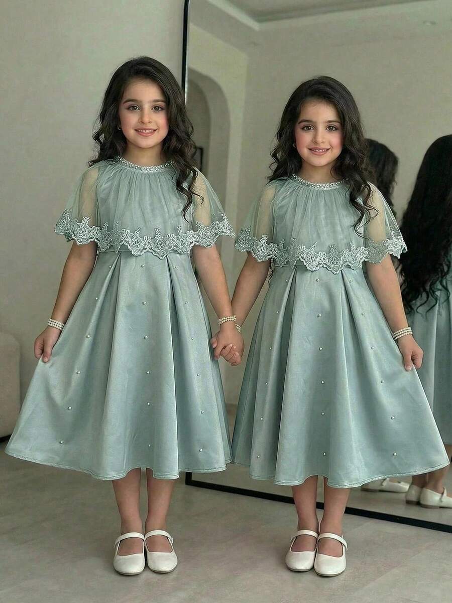 Tween Girl Contrast Lace Faux Pearl Decor Fashion Dress - Green - View 1