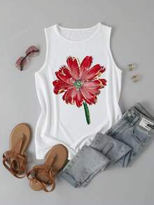 Resyla Plus Size Women Floral Sleeveless Tank Top - White - View 3