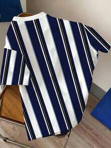 Manfinity Joysei Kaos Lengan Pendek Bergaris Blok Warna Kasual Pria, Musim Panas - Navy Blue - View 2