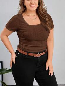 SHEIN Privé Plus Size Casual Solid Color T-Shirt, Versatile For Summer - Brown - View 6