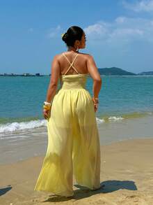 Sunnyshic Plus Size Sexy Off-Shoulder Backless Jumpsuit - Light Yellow - View 4