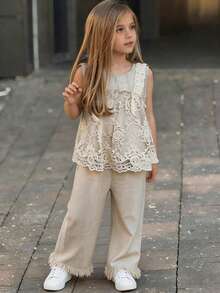 DAZY Tween Girls Sleeveless Lace Ruffle Blouse & Pants Set, Fall Outfit Summer - Apricot - View 3