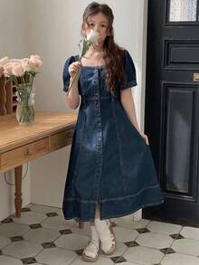 Hapijoa Tween Girls Square Neck Short Sleeve Denim Dress For Summer,Back To School Clothes - Blue - View 1